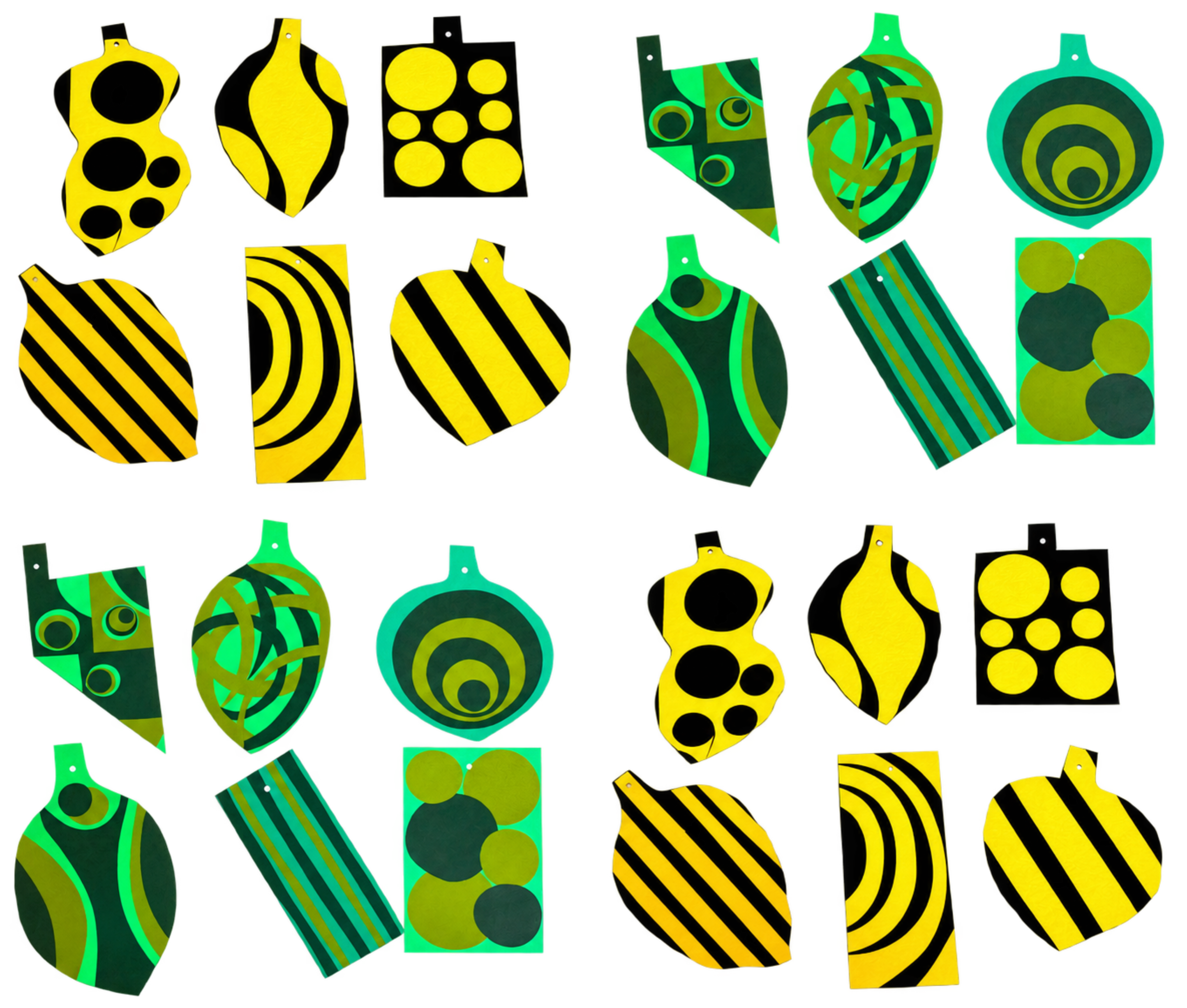 **Green & Yellow** A vibrant green and yellow textile pattern featuring dynamic, rhythmic cacao motifs.